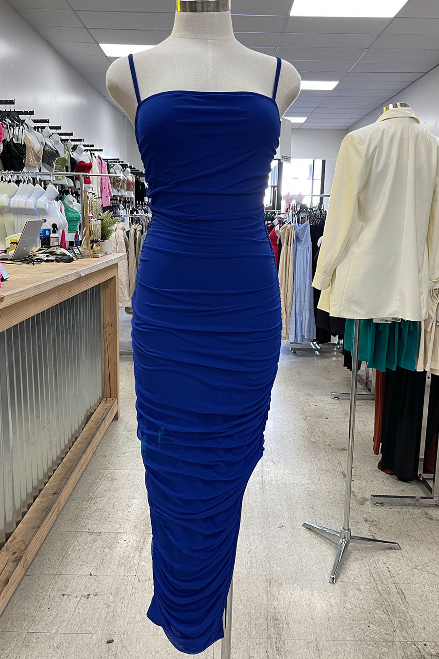 HyperBees Signature Ruched Mesh Side Slit Bodycon Long Maxi Dress