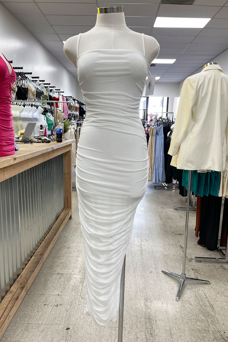HyperBees Signature Ruched Mesh Side Slit Bodycon Long Maxi Dress