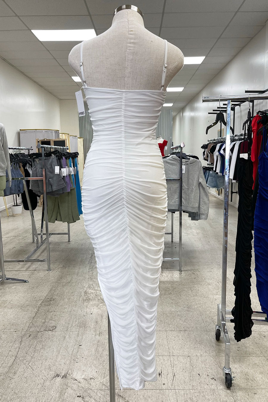 HyperBees Signature Ruched Mesh Side Slit Bodycon Long Maxi Dress