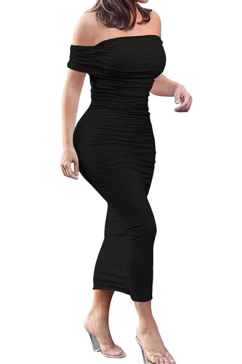 HyperBees Signature Double-Layered Off-The-Shouler Bodycon Ruched Midi Dress
