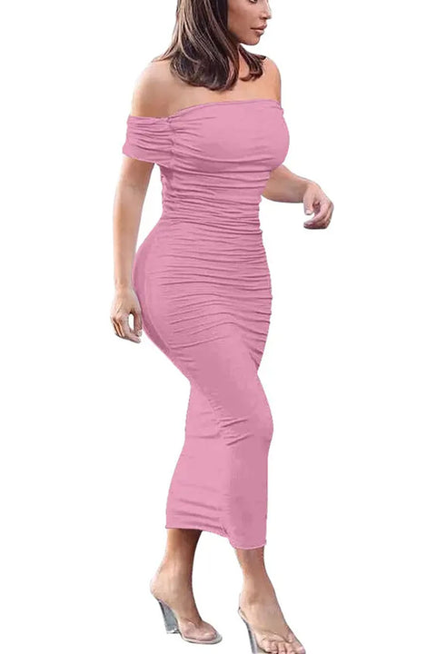 HyperBees Signature Double-Layered Off-The-Shouler Bodycon Ruched Midi Dress