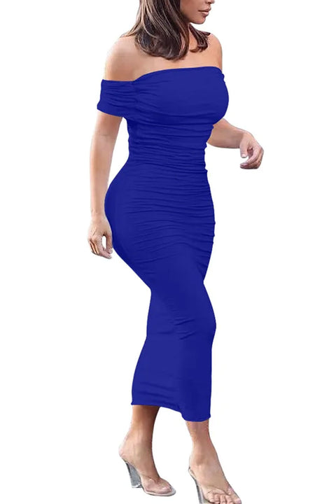 HyperBees Signature Double-Layered Off-The-Shouler Bodycon Ruched Midi Dress